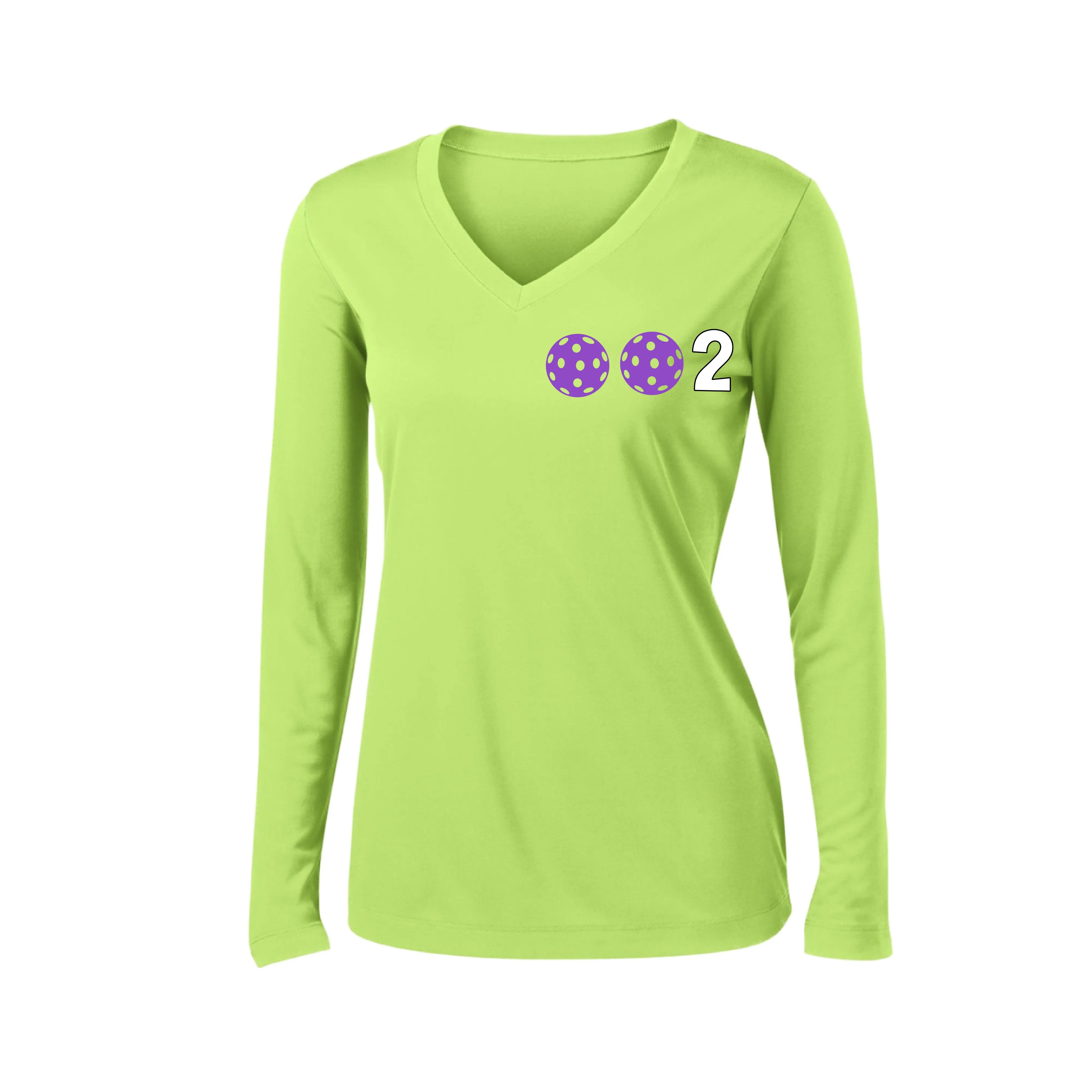 002 With Pickleballs (Colors Cyan Purple Rainbow) Customizable | Women's Long Sleeve V-Neck Pickleball Shirts | 100% Polyester