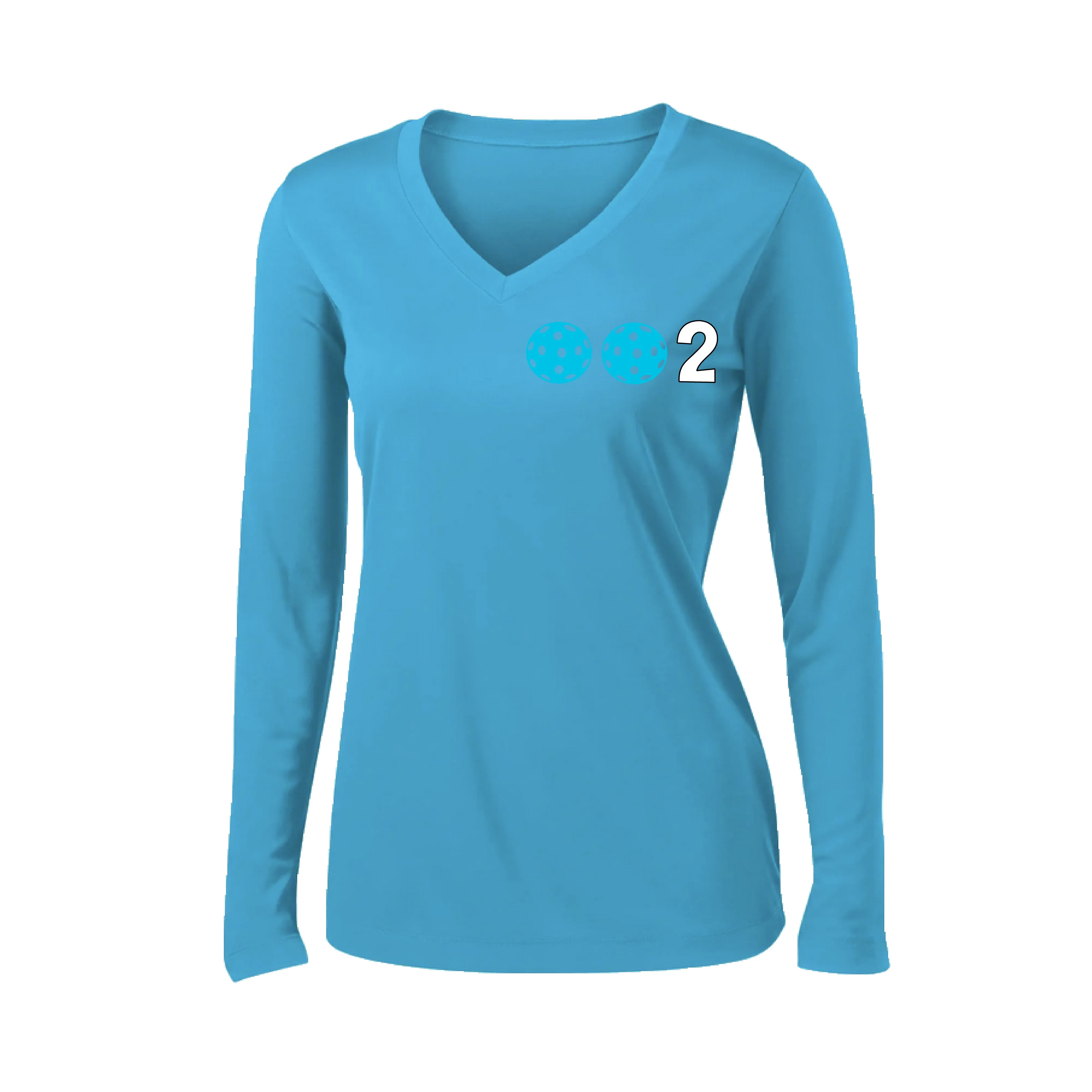 002 With Pickleballs (Colors Cyan Purple Rainbow) Customizable | Women's Long Sleeve V-Neck Pickleball Shirts | 100% Polyester