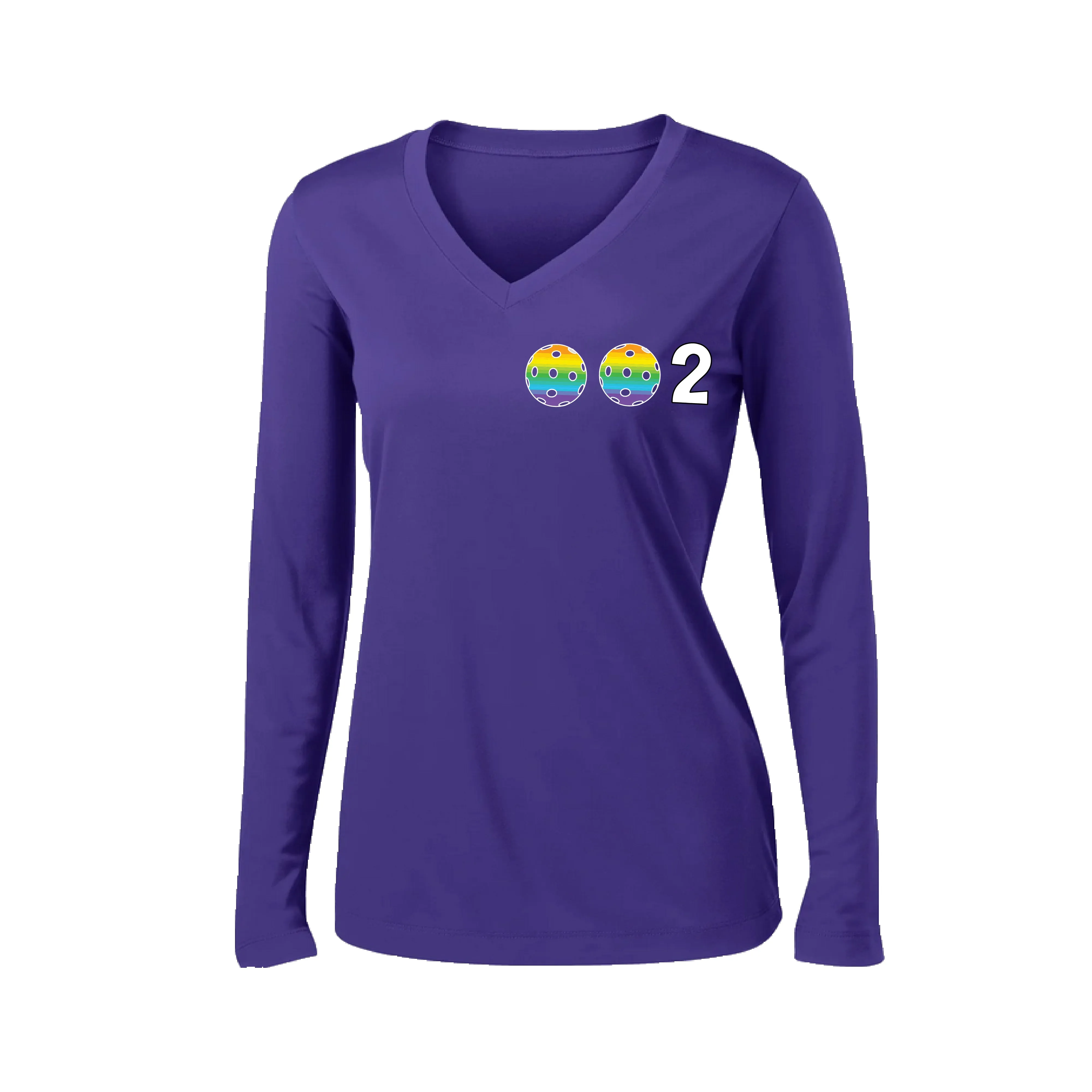 002 With Pickleballs (Colors Cyan Purple Rainbow) Customizable | Women's Long Sleeve V-Neck Pickleball Shirts | 100% Polyester