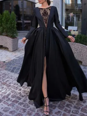 A-Line Ball Gown Sweep/Brush Train Dress Long Sleeve Evening Dresses with Slit