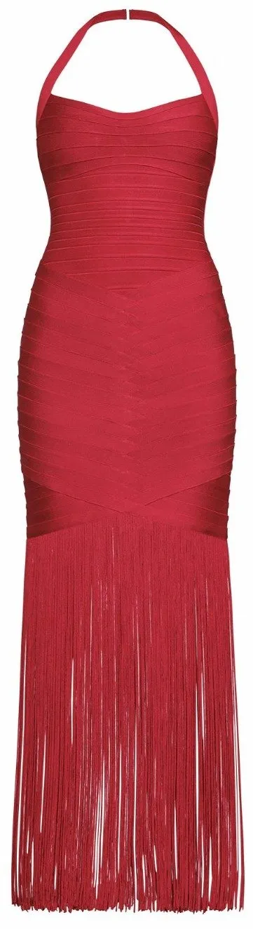 'Alexis' Bandage Fringe Halter Gown