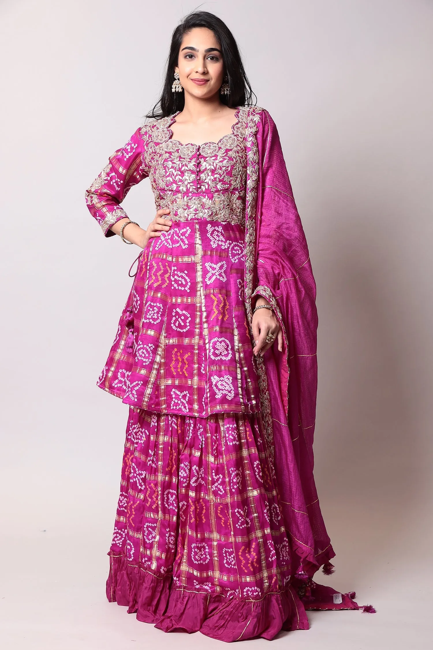 Bandhej Silk Suit with Gota Patti, Ghatchola work.