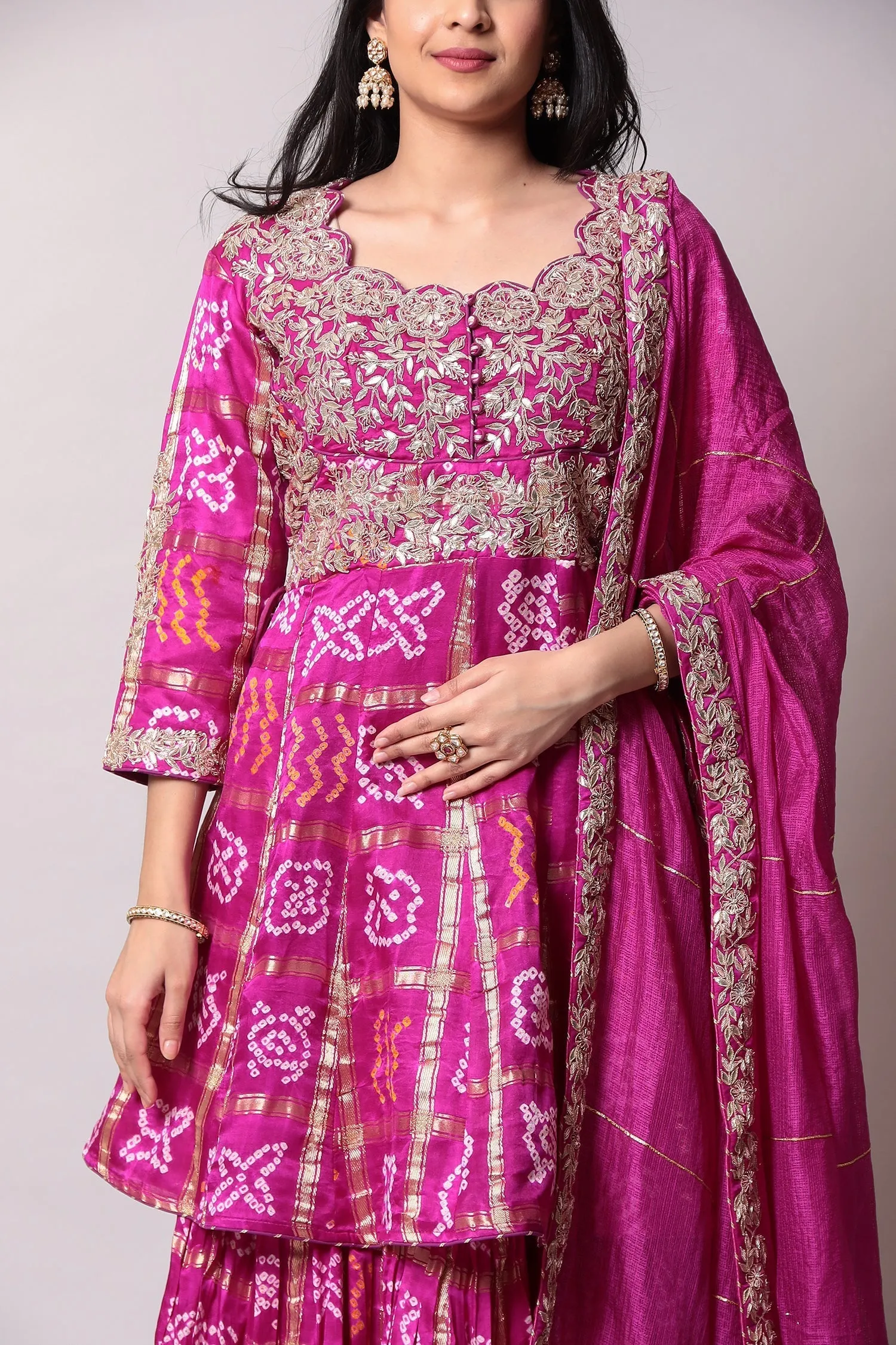 Bandhej Silk Suit with Gota Patti, Ghatchola work.