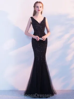 Black Lace Beaded Mermaid Long Evening Prom Dresses, Evening Party Prom Dresses, 12320