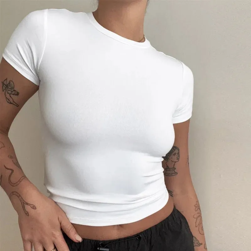 Black Short Sleeve Simple Stretch Slim Pullovers Women's Crop Top T-shirt for Summer 2024