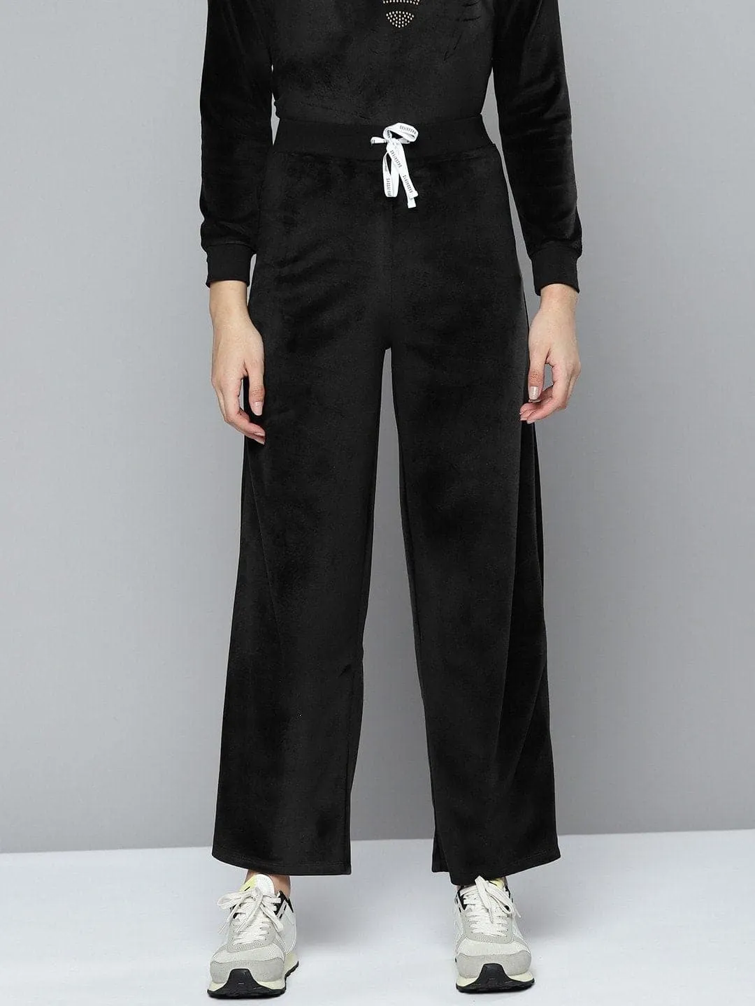 Black Velour Wide Leg Track Pants