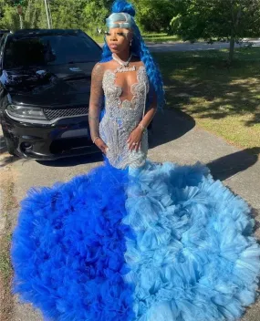 Blue O Neck Long Prom Dress For Black Girls Beaded Crystal Tassel Birthday Party Dresses Ruffles Evening Gowns Gown Robe De Bal