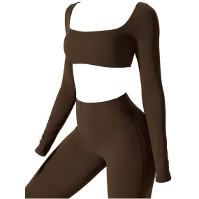 Brown Long Sleeve Top and Yoga Pant Athleisure Set