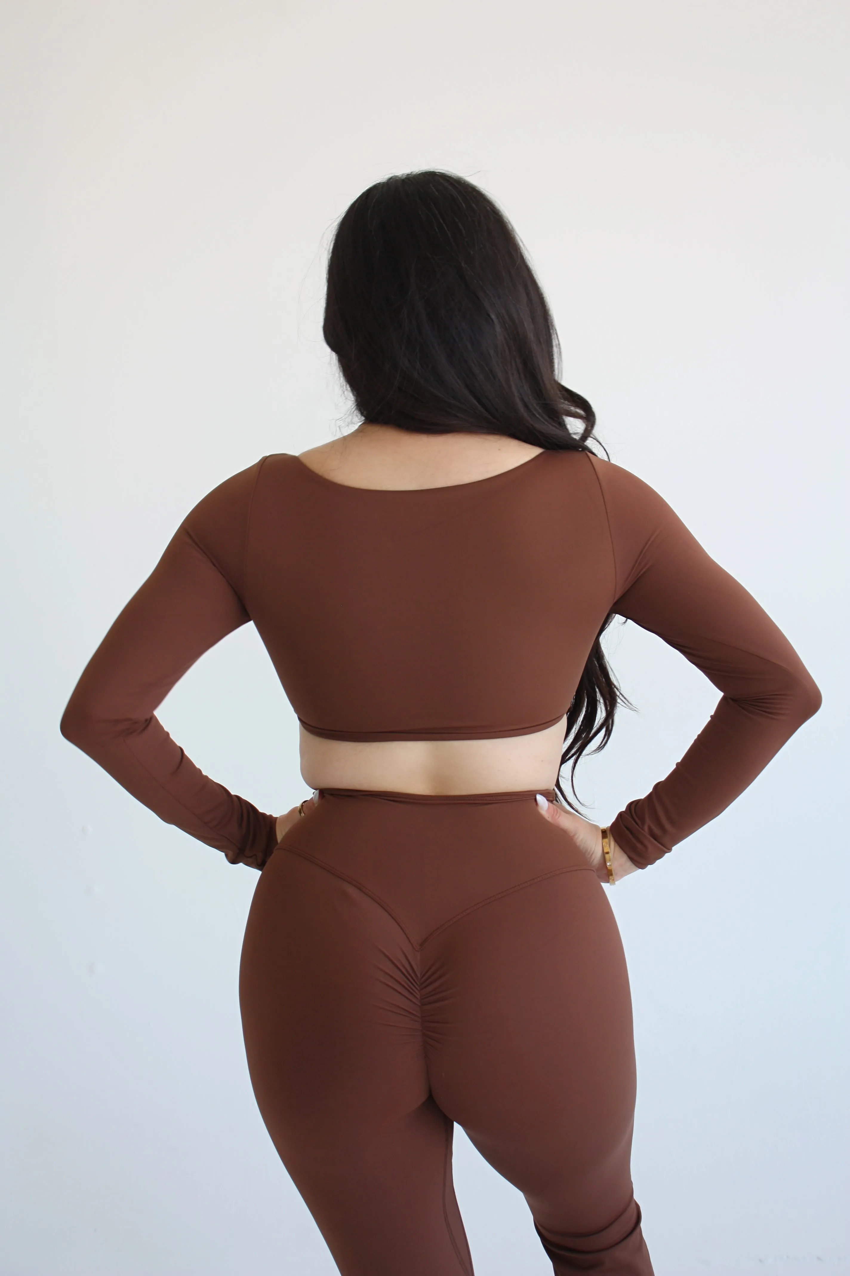 Brown Long Sleeve Top and Yoga Pant Athleisure Set