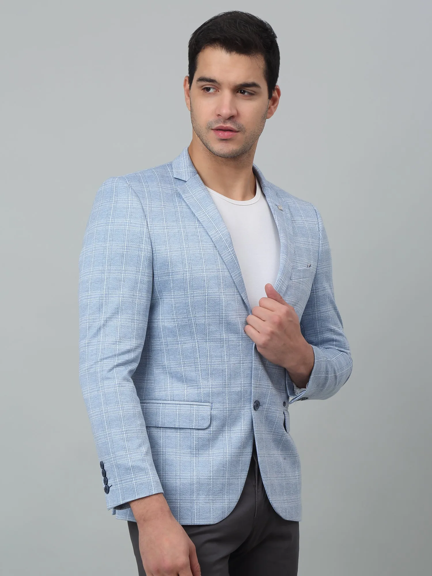 Cantabil Blue Checkered Full Sleeves Casual Blazer For Men