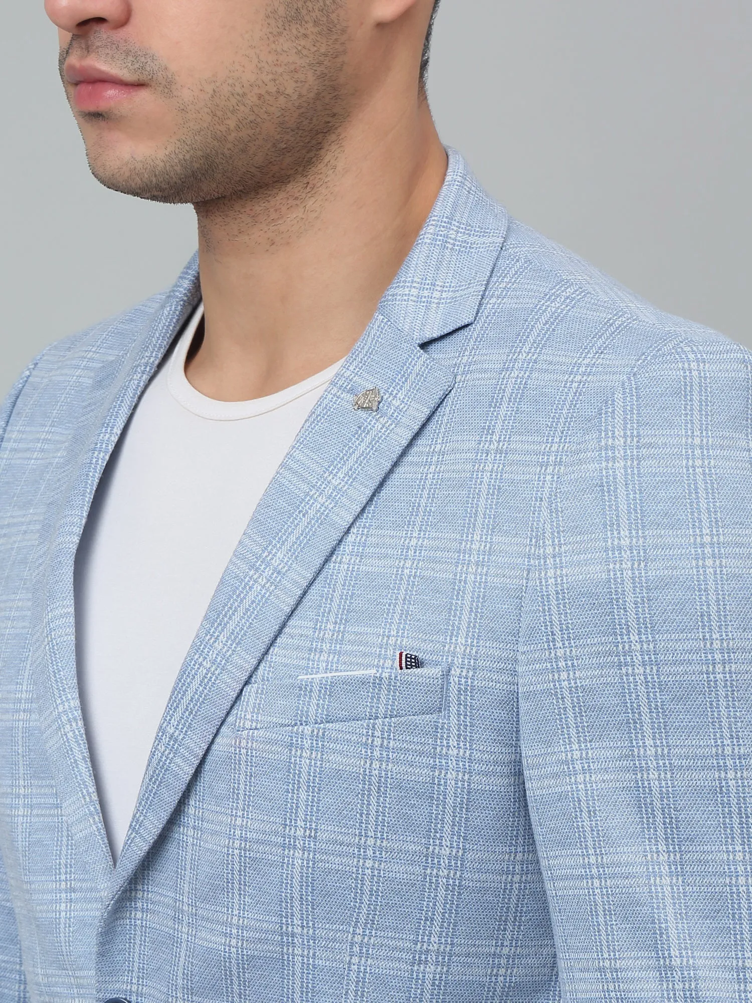 Cantabil Blue Checkered Full Sleeves Casual Blazer For Men