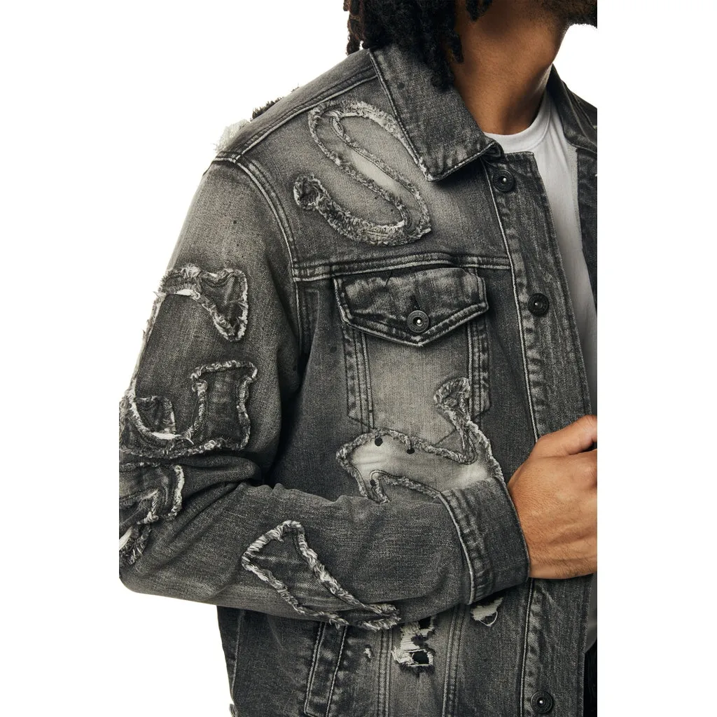 Cut & Sewn Rip Off Letter Applique Jean Jacket - Black Lava