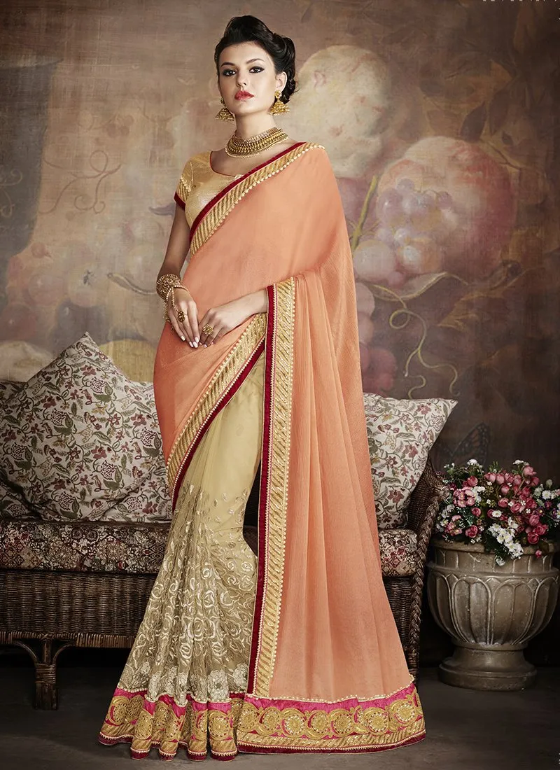 Georgette Formal Wear Embroidered Work Saree  - peach maroon