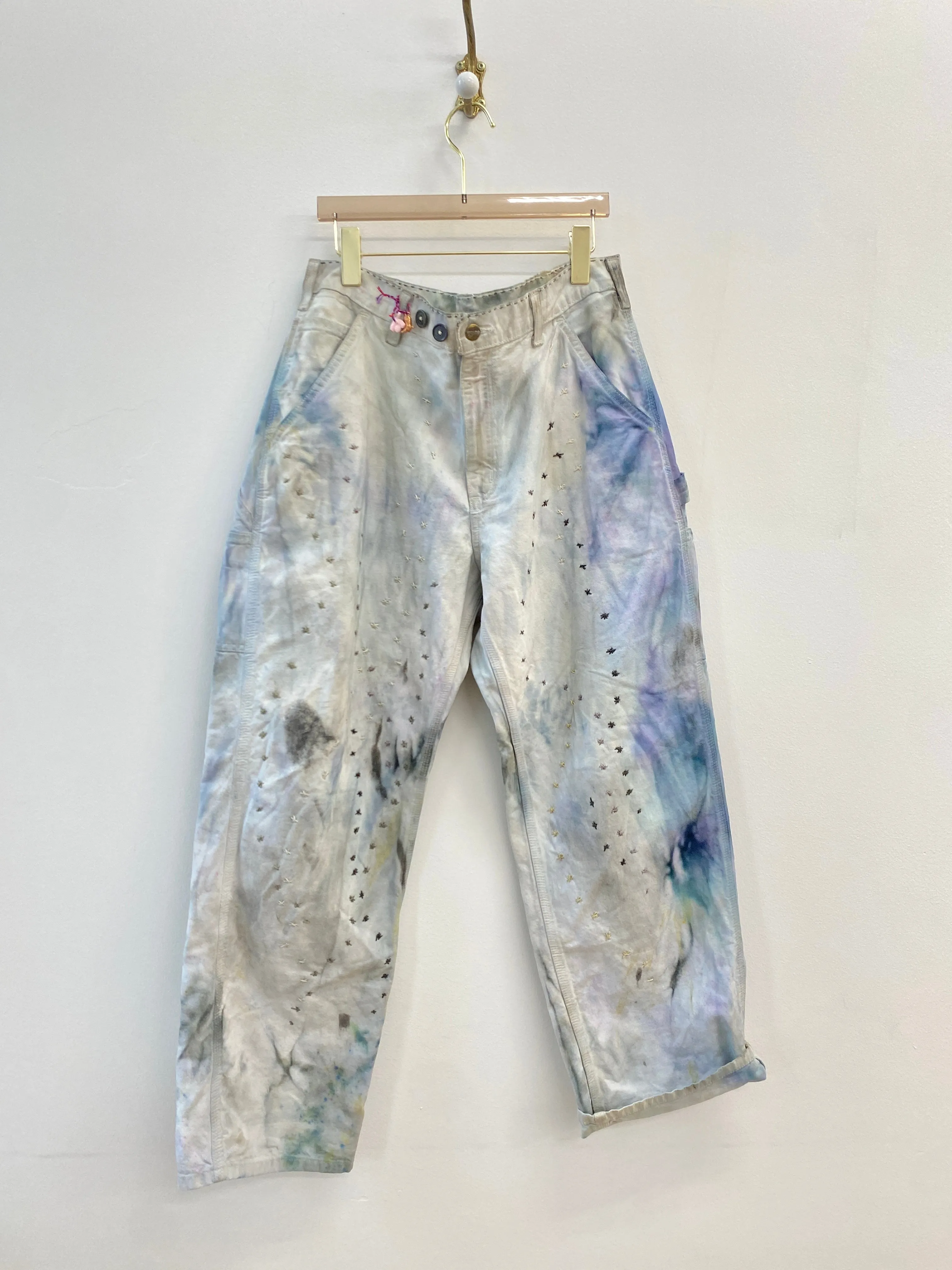 Gray & Blue Painters Pants w/ Grey & Cream Embroidered Star Constellation & Cracker Jack Charms (Reworked)