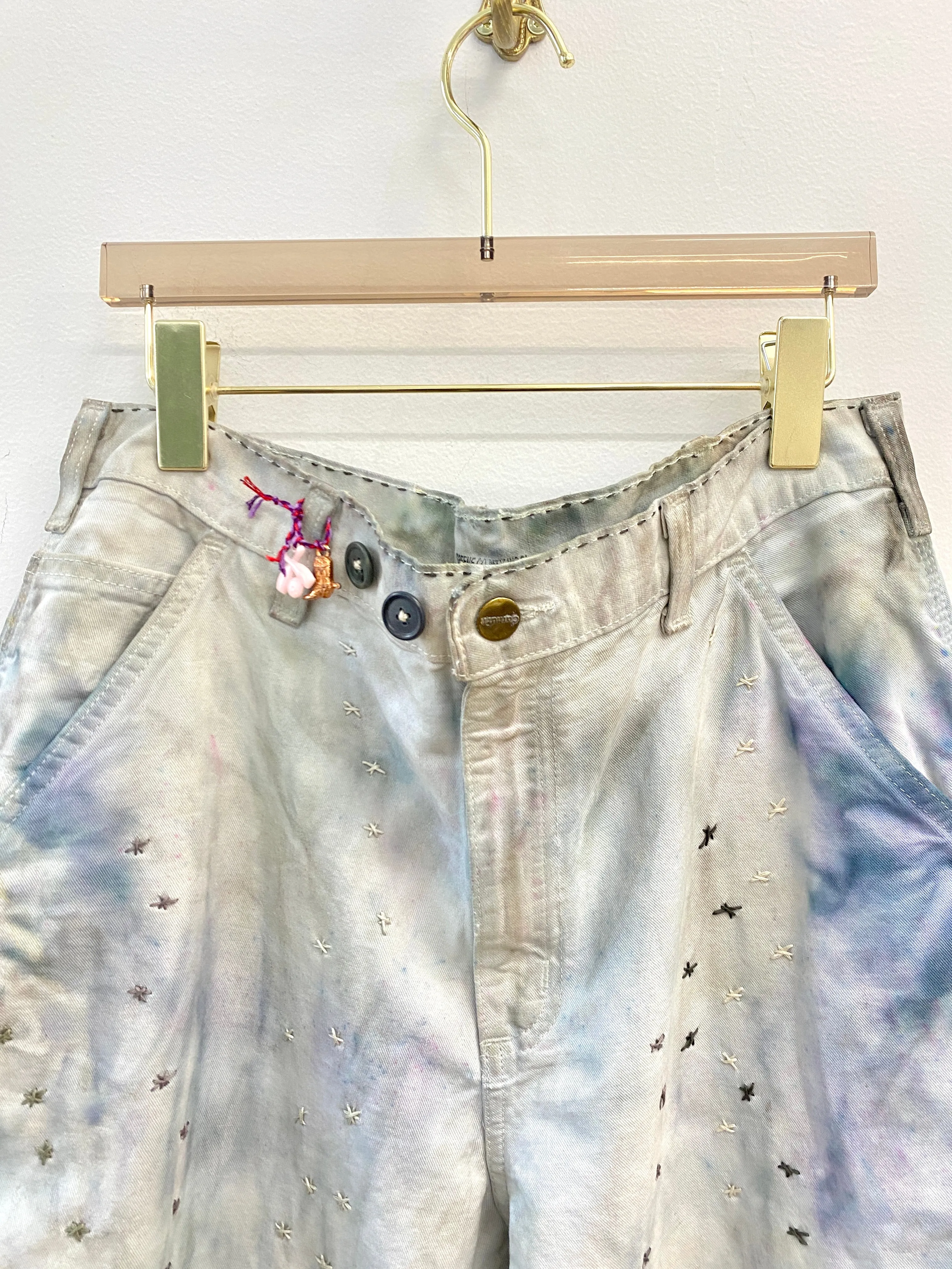 Gray & Blue Painters Pants w/ Grey & Cream Embroidered Star Constellation & Cracker Jack Charms (Reworked)