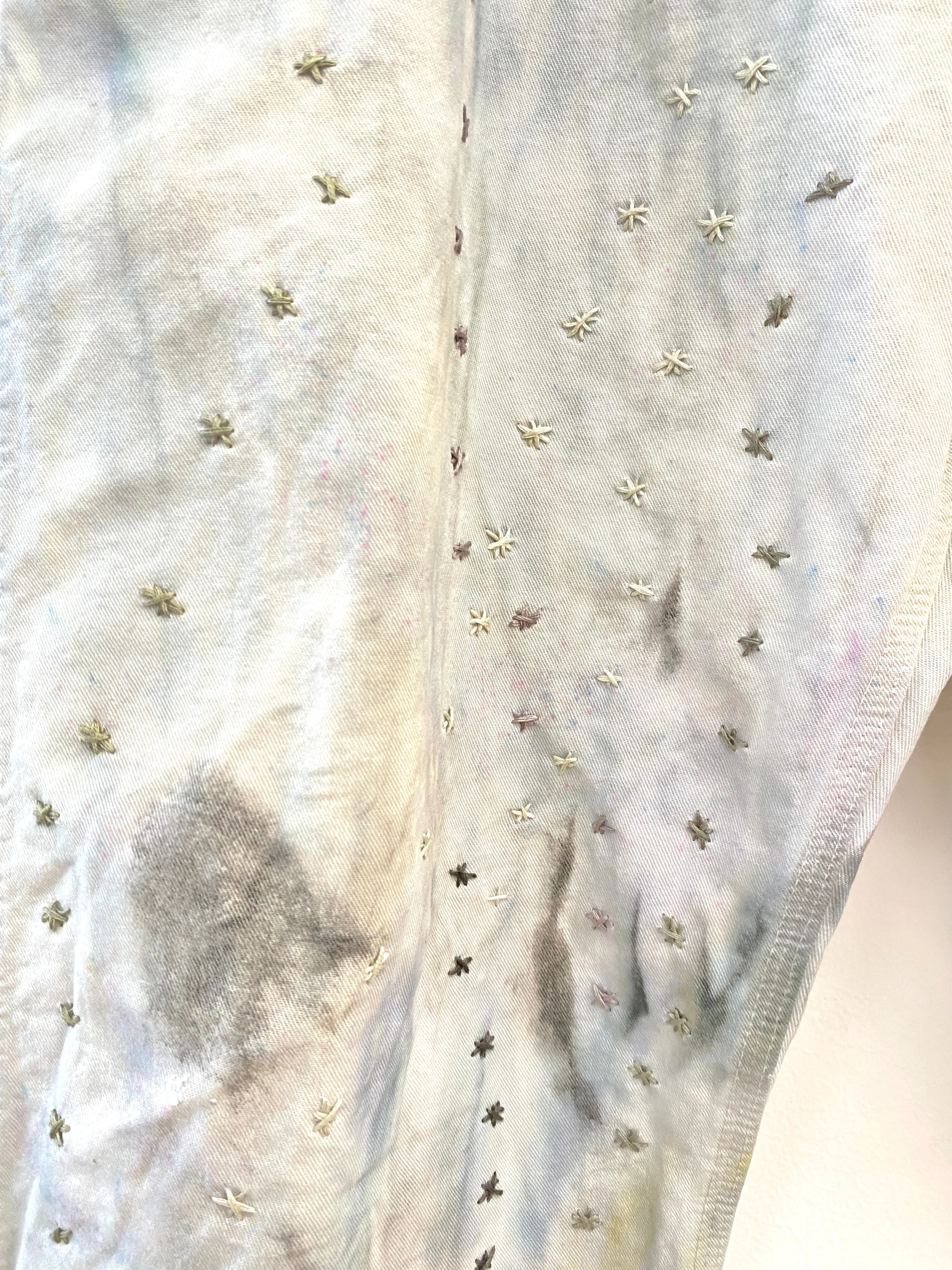 Gray & Blue Painters Pants w/ Grey & Cream Embroidered Star Constellation & Cracker Jack Charms (Reworked)