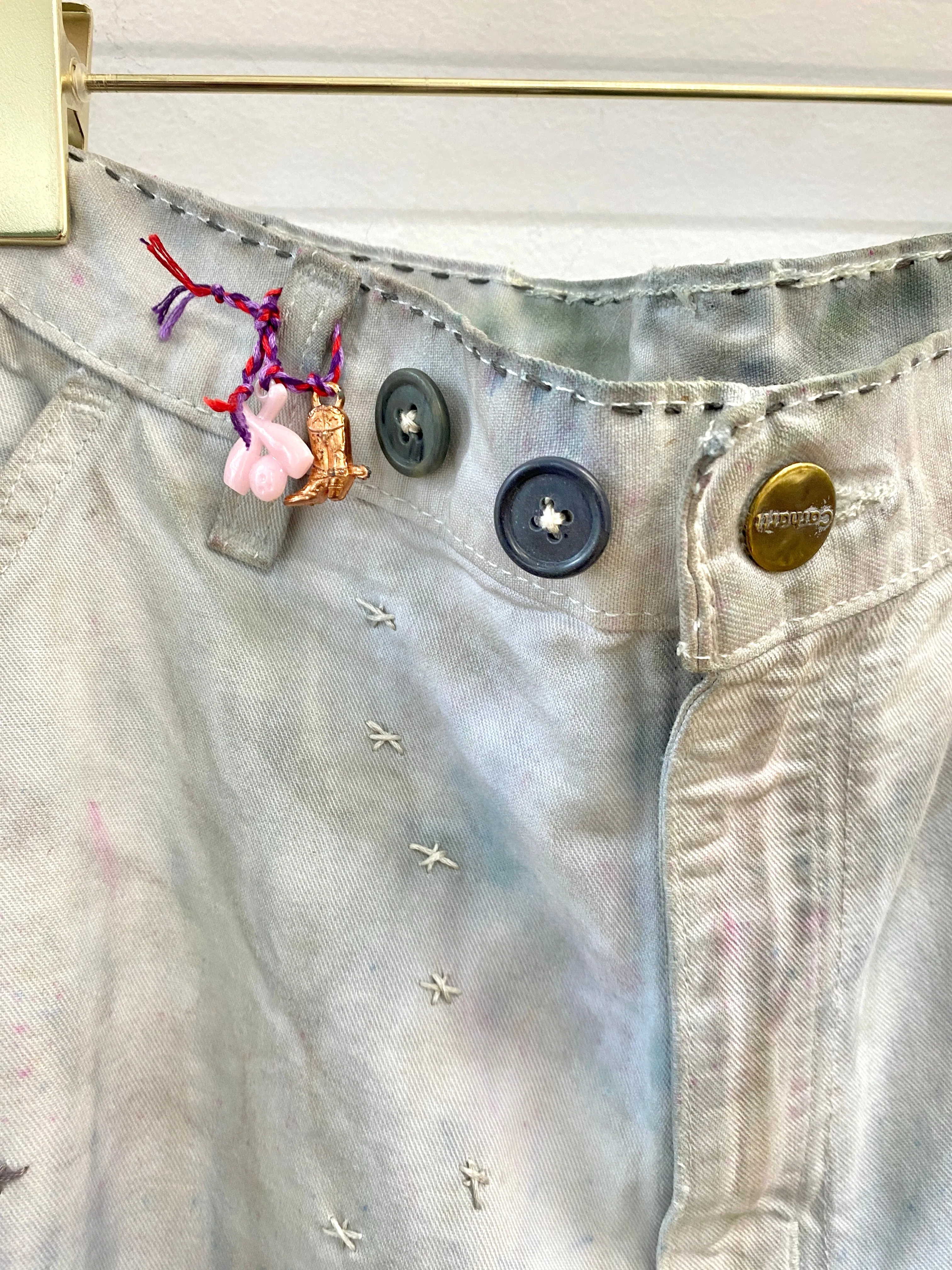 Gray & Blue Painters Pants w/ Grey & Cream Embroidered Star Constellation & Cracker Jack Charms (Reworked)