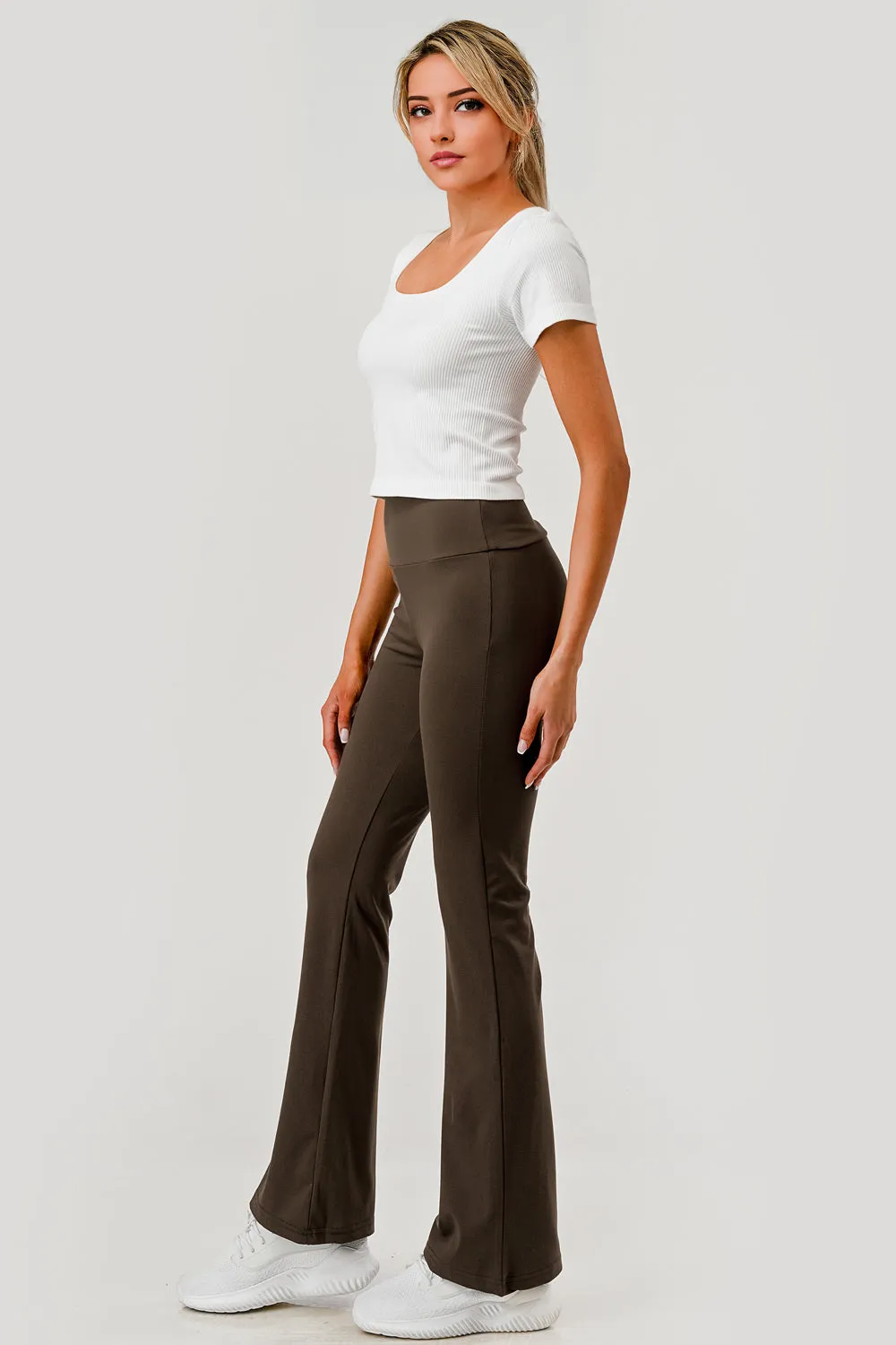 High Waist Soft Brushed Stretch Knit Flare Pants - Chocolate Brown