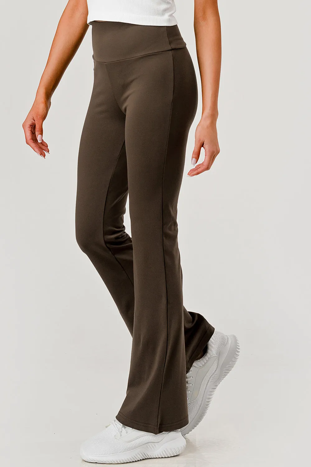 High Waist Soft Brushed Stretch Knit Flare Pants - Chocolate Brown