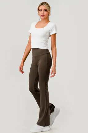 High Waist Soft Brushed Stretch Knit Flare Pants - Chocolate Brown