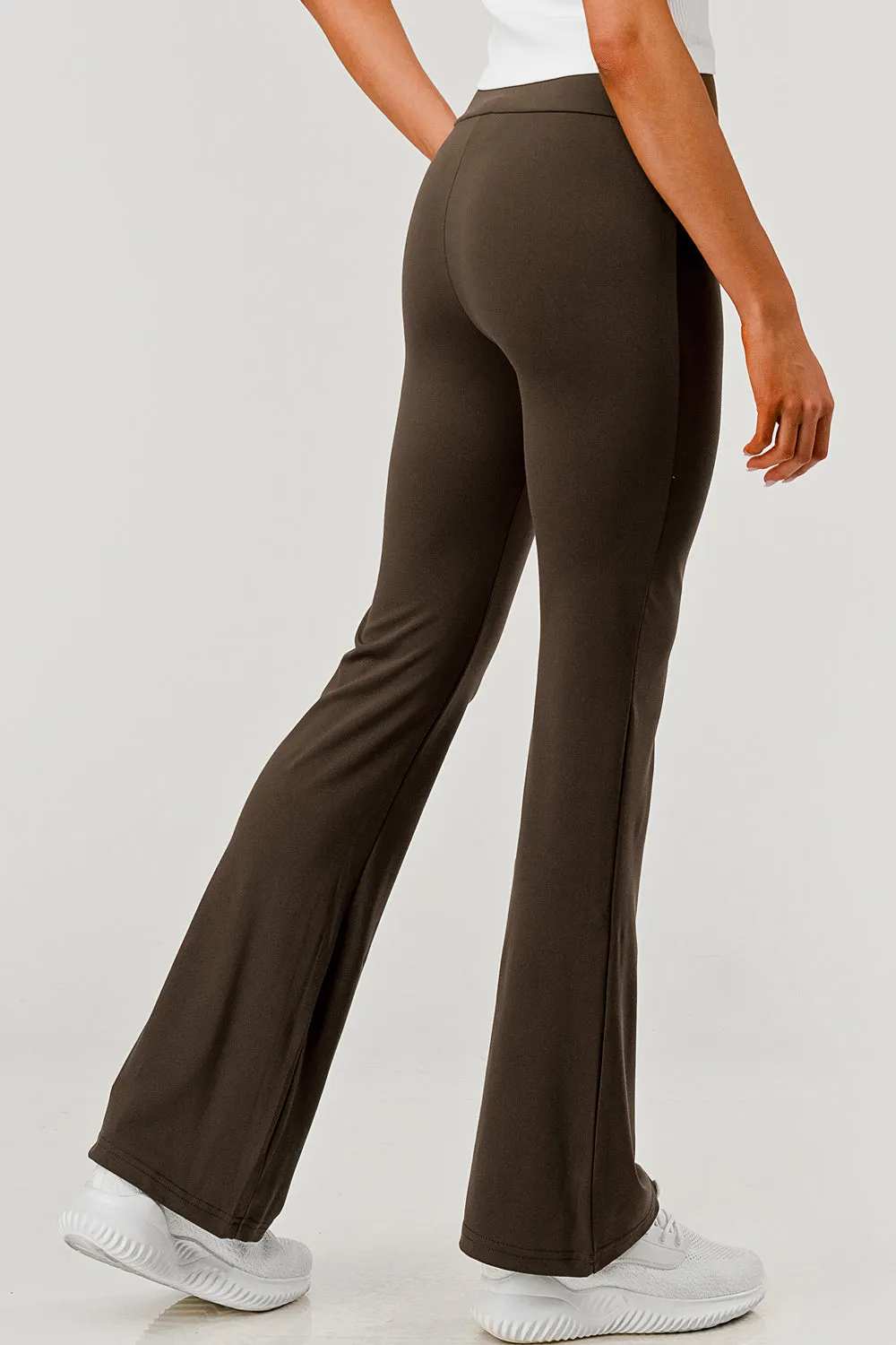 High Waist Soft Brushed Stretch Knit Flare Pants - Chocolate Brown