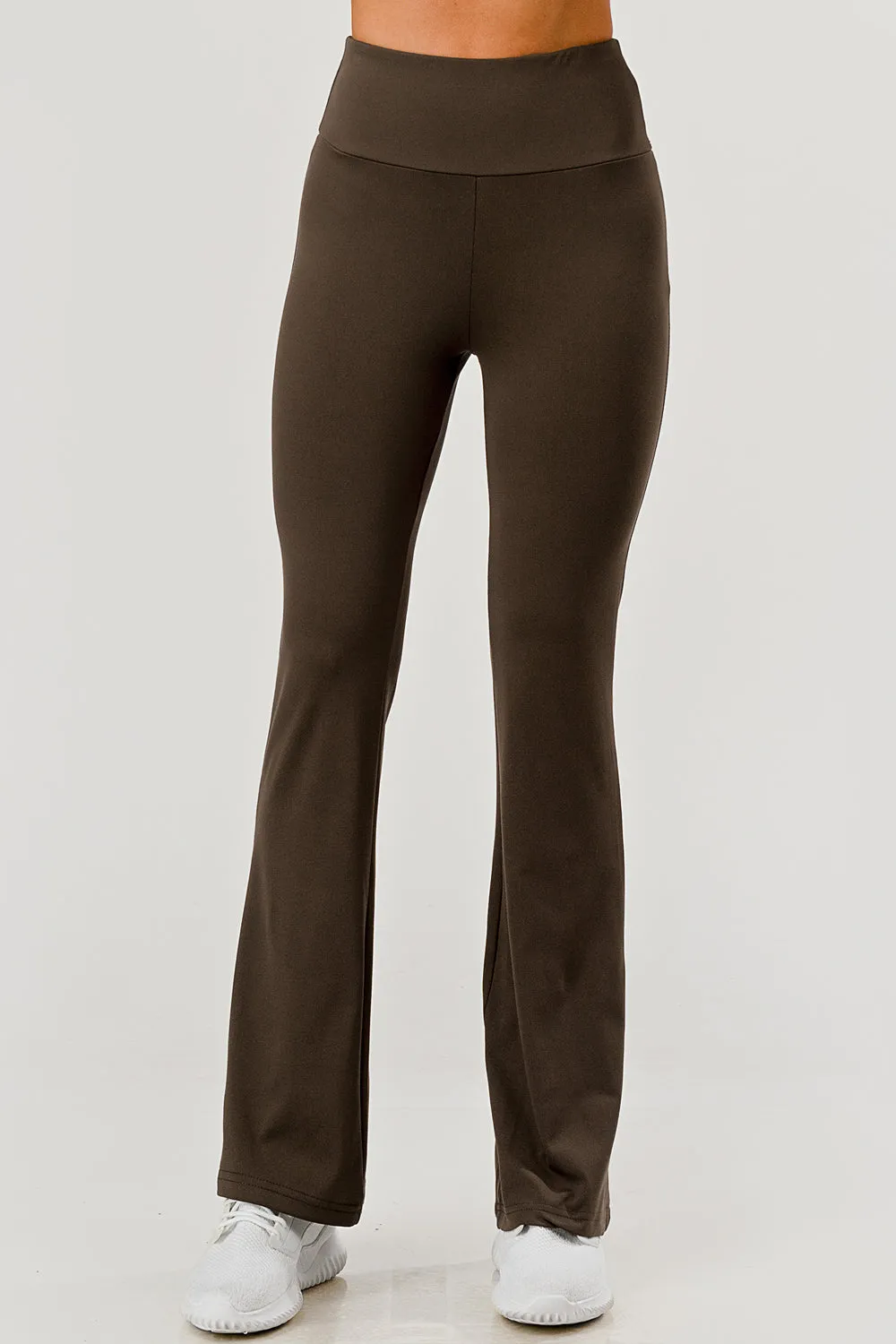 High Waist Soft Brushed Stretch Knit Flare Pants - Chocolate Brown