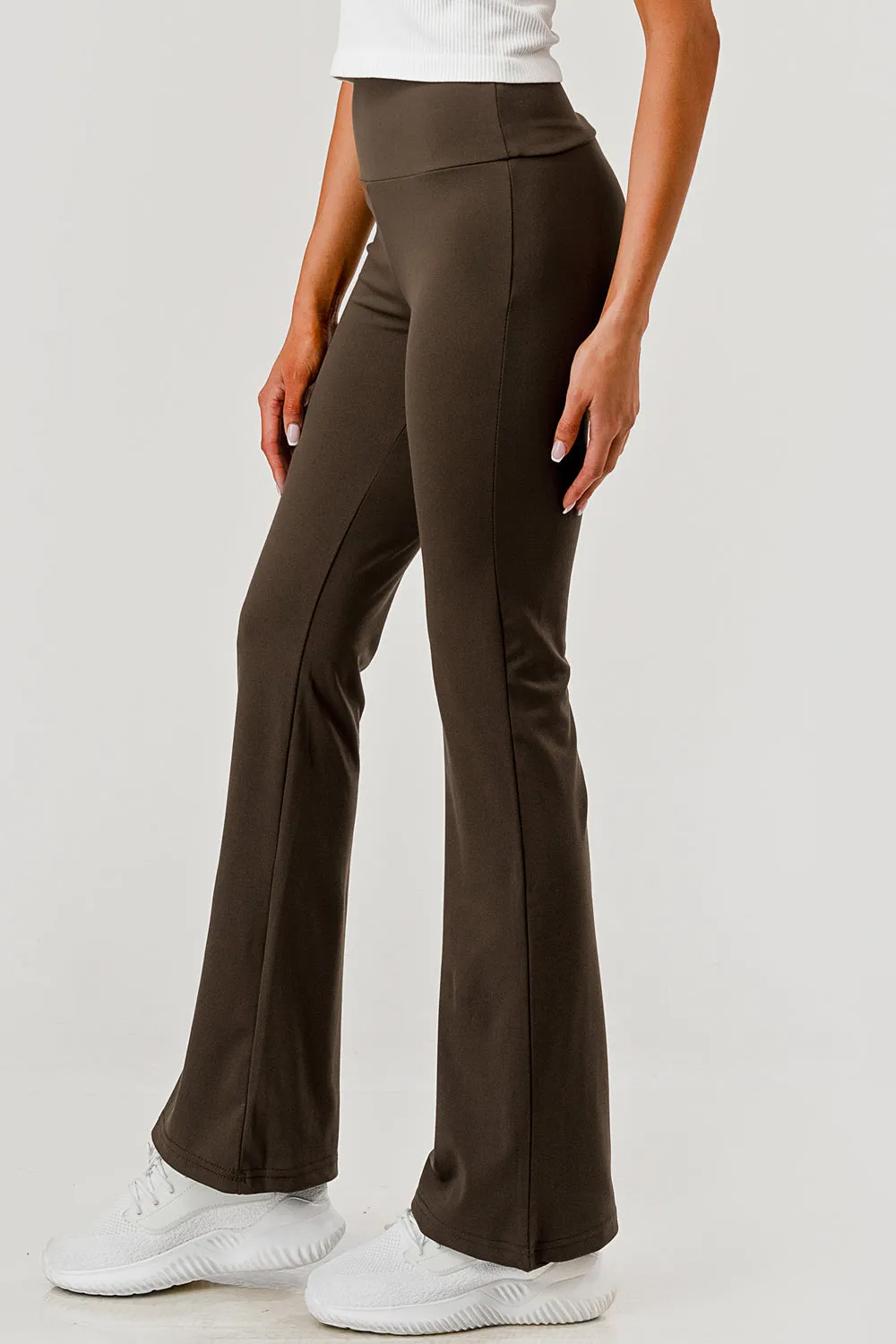 High Waist Soft Brushed Stretch Knit Flare Pants - Chocolate Brown