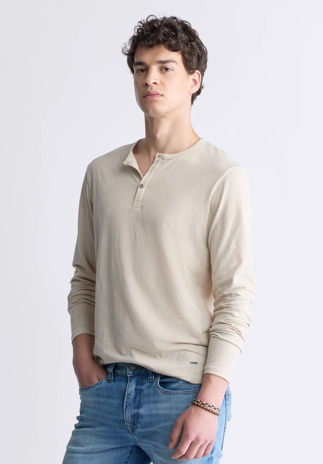 Kaduk Men's Long-Sleeve Burnout Henley Top, Irish Cream - BM24237