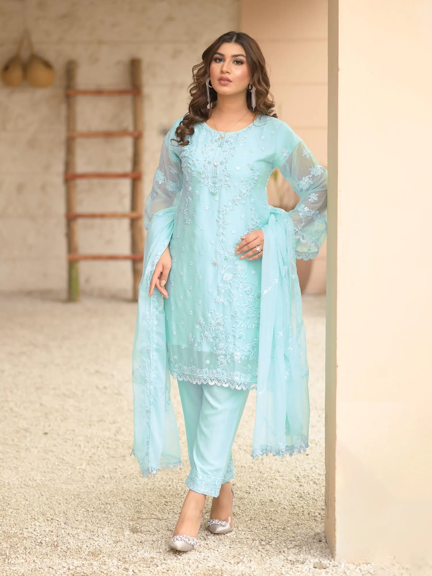 Light Blue Embroidered Chiffon 3-Piece Suit