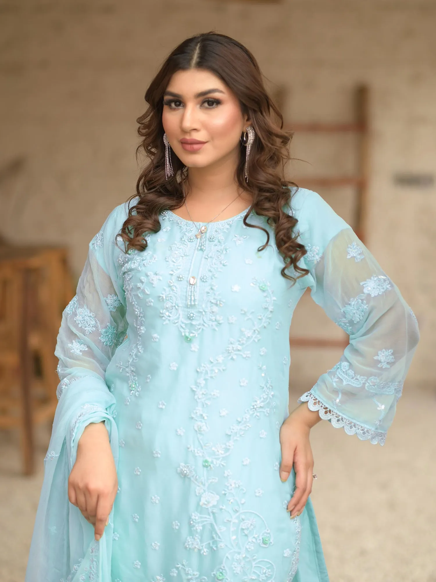 Light Blue Embroidered Chiffon 3-Piece Suit