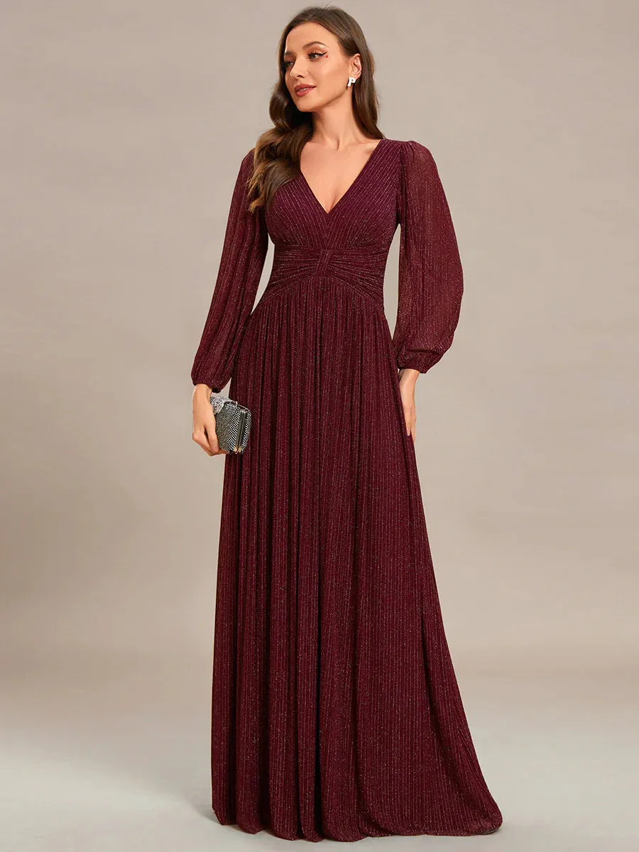 Maxi Long Chiffon Waist V Neck Evening Dress with Long Sleeves