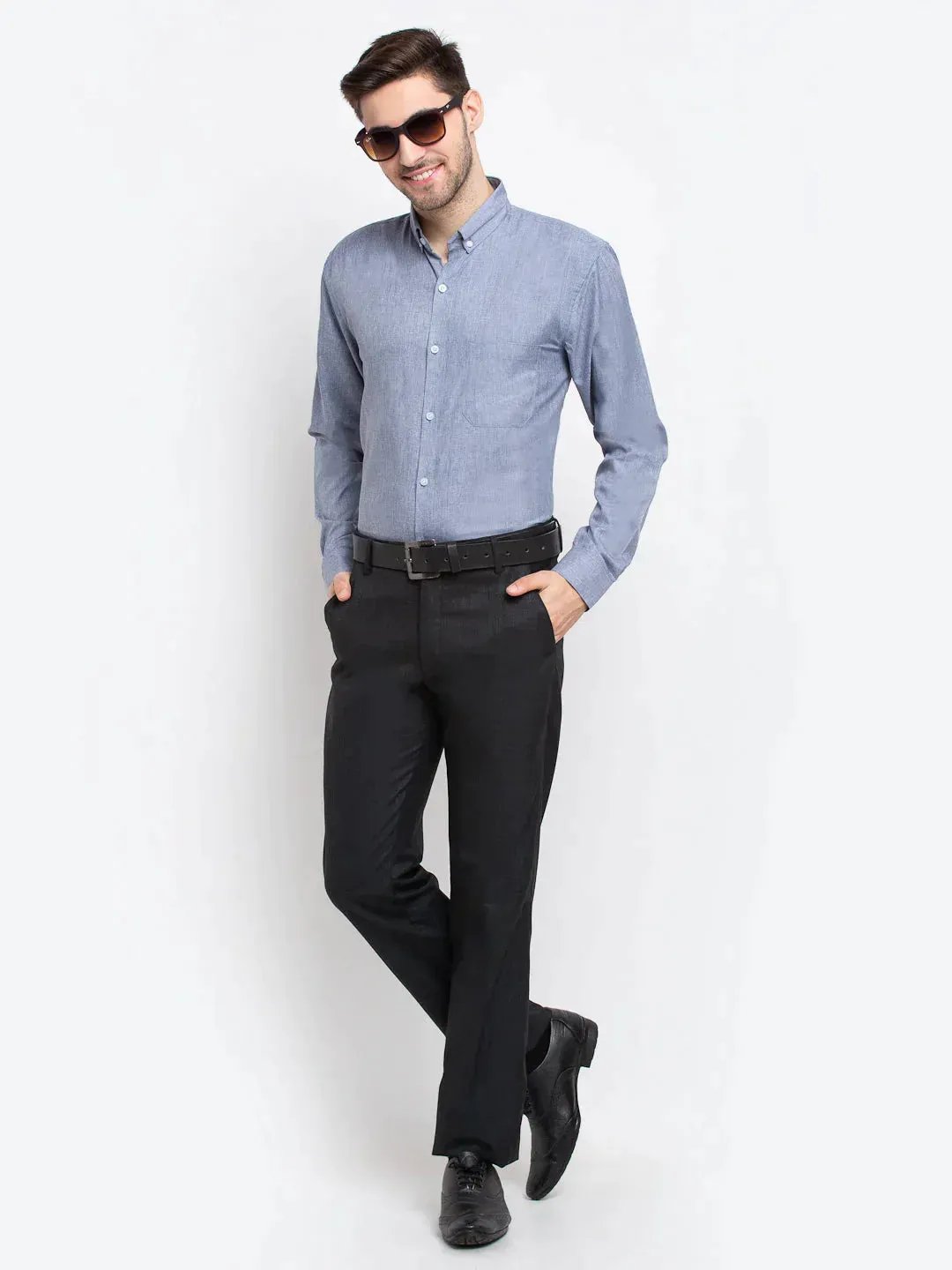 Men's Grey Button Down Collar Cotton Formal Shirt - Taantav