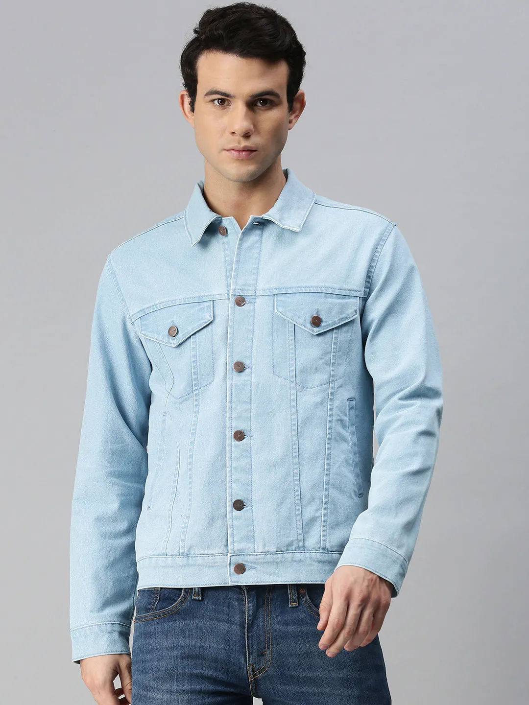 Men's Ice Blue Regular Fit Washed Full Sleeve Denim Jacket