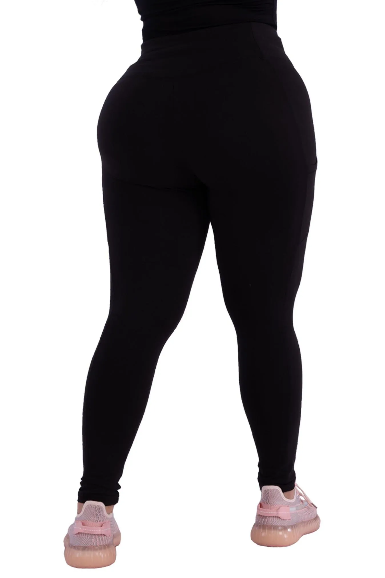 Plus Size Solid Fleece Lined Sports Leggings With Side Pockets - Black