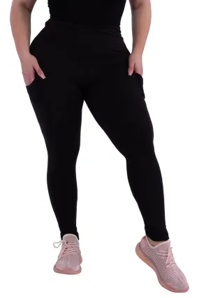 Plus Size Solid Fleece Lined Sports Leggings With Side Pockets - Black