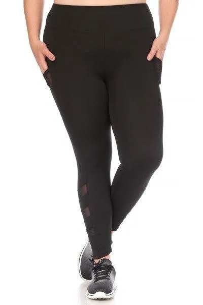 Plus Size Tummy Control Sculpting Leggings With Pockets & Mesh Panels - Black