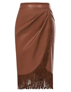 Seckill Offer⌛Fringe Bodycon Leather Skirt with Slit Knee Length Pencil Skirt