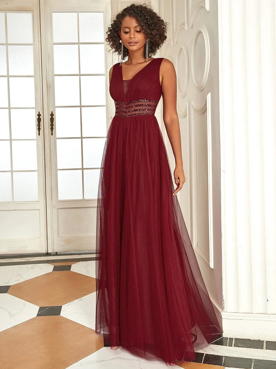 Sleeveless Tulle Sequin Chevron Empire Waist Evening Dress