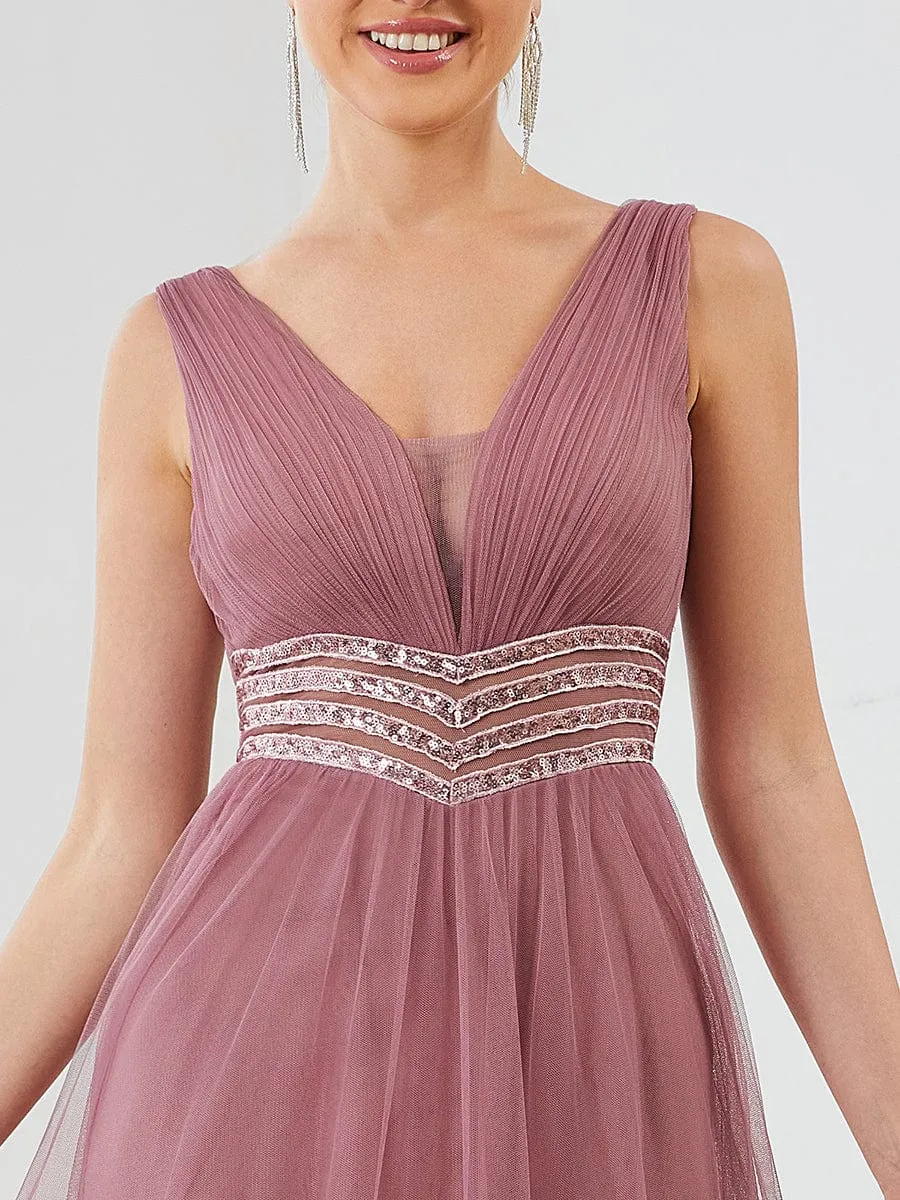 Sleeveless Tulle Sequin Chevron Empire Waist Evening Dress