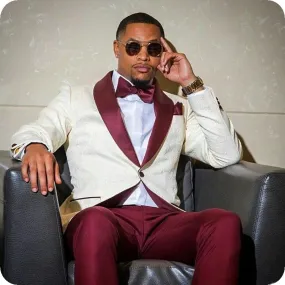 Xituodai   Ivory Pattern and Burgundy Groom Tuxedos Shawl Lapel Men Suits 2 Pieces Wedding Bridegroom ( Jacket Pants Tie )